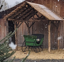 a green sleigh in front of a barn.