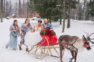 A bride and groom in a brightly decorated sleigh being pulled by a reindeer through the snow, and chased by two bridesmaids.