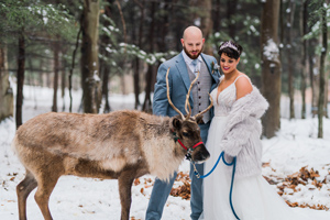 Bride and groom posing with a reindeer in front of a snowy woods